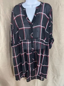 Torrid New Sheer Long high/low Button down top black plaid print size 2XL 18-20 - Picture 1 of 14