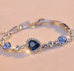 Hot Fashion Women Girls Blue Crystal Jewelry Silver Plated Charm Bracelet Bangle - Picture 1 of 5
