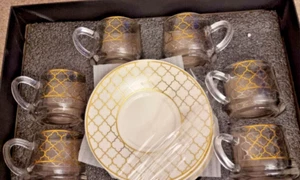 Turkish Tea Cups Saucer Set Of 6 Glass Kahwa Shai Coffee Gift - Picture 1 of 3