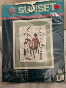 Vintage sunset Cross Stitch Kit solitary scout 1993 Indian woman on horse - Picture 1 of 4