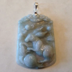 ~ Carved Fine Untreated Jade / Jadeite Rabbit Design Pendant - Sterling Silver - Picture 1 of 2