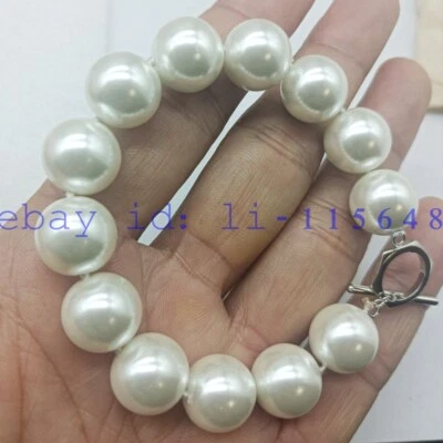 Pulseira moderna boutique contas redondas pérola concha grande branca delicada 14 mm 7,5" - Imagem 1 de 4