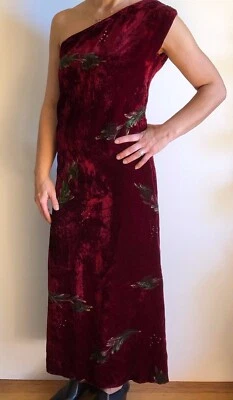 Woman Velvet Maxi Burgundy Party Dress Off One Shoulder Handmade Hand Painted S - Image 1 of 4