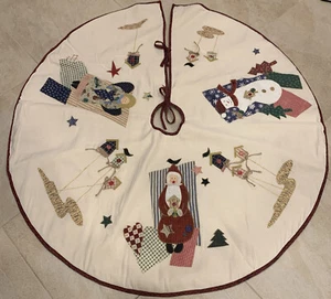 Christmas Tree Skirt 45" Round Handmade Patchwork Santa And Snowman Americana - Picture 1 of 12