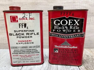 LOTE DE 2 LATAS DE POLVO NEGRO ORIGINALES vintage Goex vacías - Imagen 1 de 10