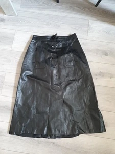Vintage Black Genuine Real Leather A Line Midi Skirt Size 10-12 Fully Lined - Picture 1 of 24