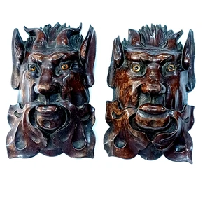 Antique Carved Wooden Face Plaques / Pair / Glass Eyes / Rosewood ?? - Picture 1 of 22