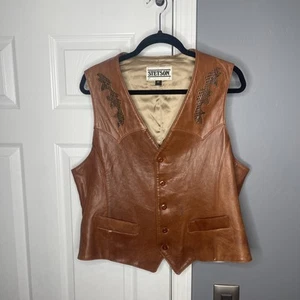 Vtg 70s Stetson Cowboy Leather Vest Mens Size 46 Brown 5 Button Pockets Western - Picture 1 of 9