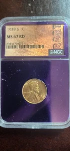 1939 S 1C NGC MS 67 RD Purple Core Wheat Penny Custom Purple Core Bert Label - Picture 1 of 2