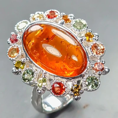 Anillo único 8 quilates anillo ámbar natural plata de ley 925 talla 7/R442671 Foto 1 de 4