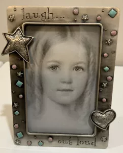 Fetco “ Laugh Out Loud” Silver Stars Hearts Jeweled Photo Picture Frame 4” X 6” - Picture 1 of 7