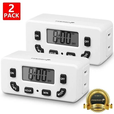 FOSMON 2x Digital LCD Clock Timer Outlet Plug In Switch Electric 24 Hour Programmable
