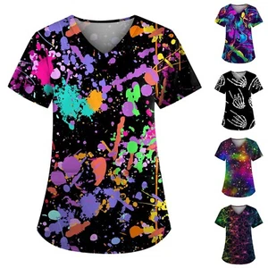 Plus Size Cute Printed Scrub Working Uniform Tops For Women V-Neck Short - Picture 1 of 27