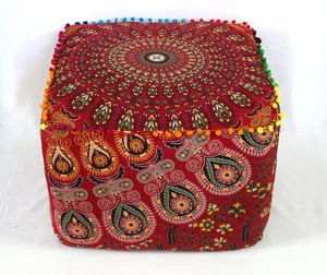 Handcrafted Boho Mandala Pouf Cover Colorful Ottoman Foot Stool Cushion Decor - Picture 1 of 32