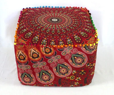 Handcrafted Boho Mandala Pouf Cover Colorful Ottoman Foot Stool Cushion Decor - Image 1 of 3
