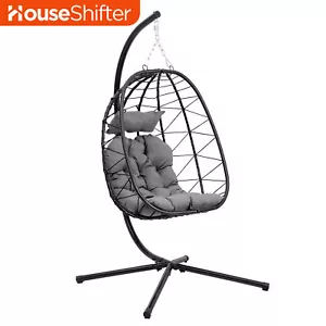 Hanging Egg Chair Hammock Rattan Wicker Patio Swing Stand Steel w/ Cushion - Picture 1 of 11