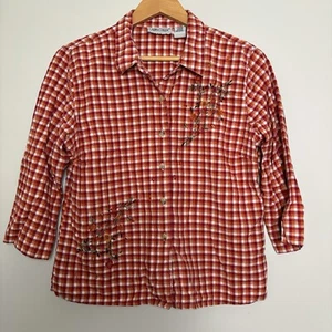 Cabin Creek VTG 90s Floral Paisley Embroidered Plaid 3/4 Sleeve Shirt-Petite L - Picture 1 of 5