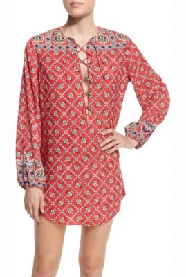  NUEVO Nanette Lepore Bonito Estampado Resistente Túnica con Cordones Traje de Baño Cubrir L Grande Foto 1 de 4