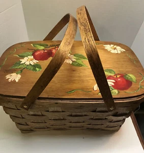 Vintage Hand Painted Wicker Woven Wood Covered Basket Apple design Signed 1978 - Picture 1 of 12