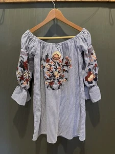 Flora Ashley Womens Medium Embroidered Mini Dress Artsy Flowy Boho Peasant - Picture 1 of 7