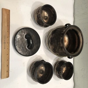 McCoy Pottery Hammered Cauldron Bean Pot and 3 Bowls #7532 Copper Witch - Picture 1 of 9
