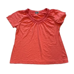 JM Collection Coral Pink Cotton Short Sleeve V-Neck T-Shirt Embroidered Neck, L - Picture 1 of 8