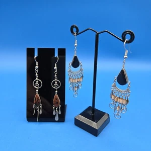 2 Pair Silver Earrings Dangle Chandelier Ethnic Gemstone Natural Brown Black - Picture 1 of 6