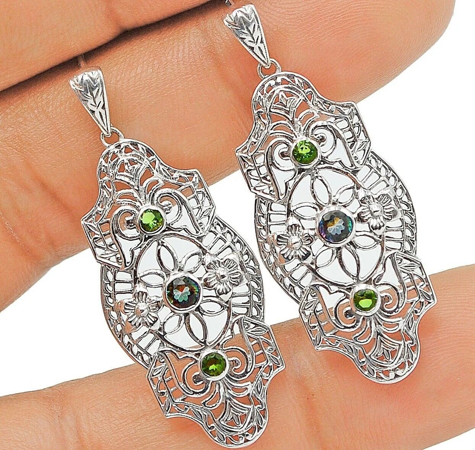 Rainbow Topaz & Peridot 925 Sterling Silver Art Deco Style Earrings Jewelry  - Image 1 of 1