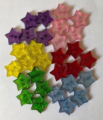 30 Glitter Sparkly Star Shape Resin Buttons Size 14mm 6 Colours & 5 of Each - Image 1 of 2