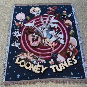 VTG Throw Blanket 1998 Warner Brothers Looney Tunes Toons Fringe Graphic Knit - Picture 1 of 6