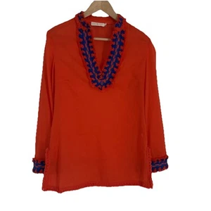 Tory Burch Women Tory Tunic 2 Samba Fringe Orange Blue Embroidered Resort Cruise - Picture 1 of 7