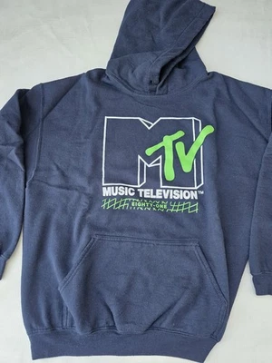 经典 MTV 标志连帽运动衫复古蓝色 80 年代风格大号 — 第 1/4 张图片