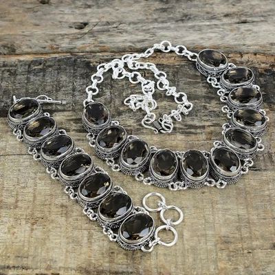 Graziosa Fumoso Quarzo Gemma 925 Argento Sterling Gioielli Collana Bracciale Set - Immagine 1 di 4