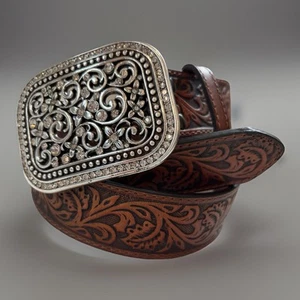 Ariat Western Womens Belt Leather Filigree Rhinestones Buckle Brown Size M - Picture 1 of 10