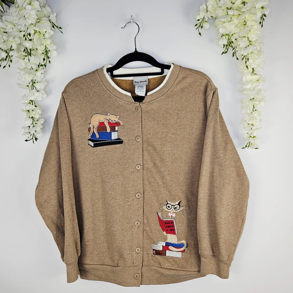 Cárdigan suéter vintage Bon Worth libro de gatos bordado grande abuela bibliotecaria  Foto 1 de 4