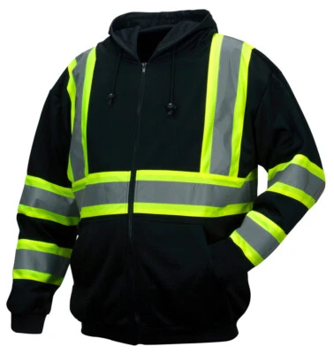 BLACK HI VIS ANSI REFLECTIVE WORK SAFETY ZIP UP HOODED FLEECE HOODIE SWEATSHIRT - Image 1 of 4