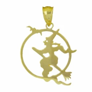 14k Yellow Gold Riding A Broom Witch Charm Pendant 1.5 grams - Picture 1 of 10