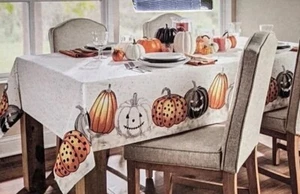 Fabric Tablecloth, 60"x84" Oblong, PUMPKINS & JACK O LANTERN BORDER, Max Studio - Picture 1 of 4