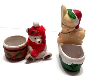Pair of Christmas Trinket Holders Fawn 4 Inches & Bear 3.5 Inches  Animals Vtg. - Picture 1 of 10