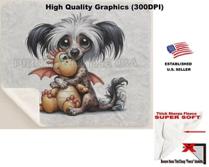 DigiPups Chinese Crested Dog Dragon Toy Hug Cartoon Sherpa Fleece Throw Blanket - Picture 1 of 6