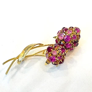 Vintage Unsigned Gold Tone Red Pink Rhinestone Hydrangea Brooch - Picture 1 of 4