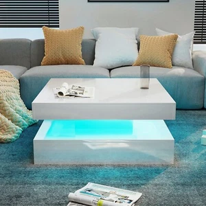 LED Coffee Table with Light High Gloss Center Cocktail Table Living Room White - Picture 1 of 8
