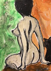 Original ACEO Painting Nude Woman Black Cat Miniature Card By Carole Collins