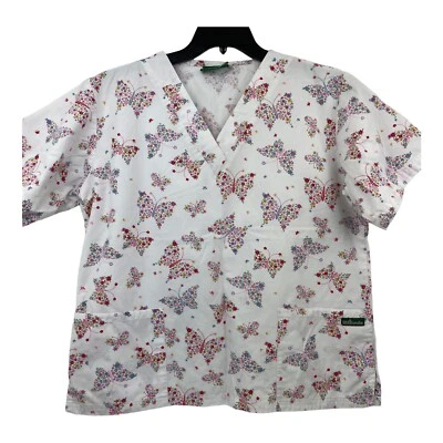 Blusa Médica UA Mujer Mediana Blanca en Forma de Mariposa Flores Camisa Bolsillos Foto 1 de 4