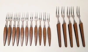 16 vtg Little Forks cocktail forks faux wood/black 1950s-60s 5 x 5in, 11 x 4⅛in - Picture 1 of 11