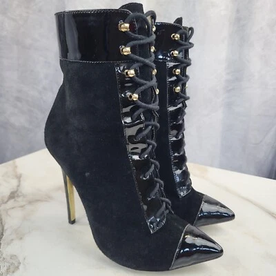 Versace x H&M Suede + Patent Leather Stiletto Lace UP Ankle Boots Women's 40 - Image 1 of 4