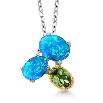 Collar Colgante Plata 925 y Oro Amarillo 10K Ópalo Azul y Turmalina Verde Foto 1 de 4