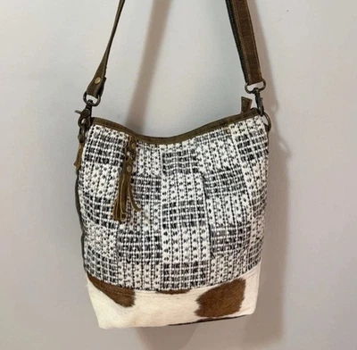 Myra Bag Cowhide & Canvas Shoulder Bag Crossbody Tote Boho Western Style - Image 1 of 4