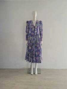 Laura Ashley Dress & Bolero Jacket Set UK 8 10 EU 36 38 Purple Floral Cotton VTG - Picture 1 of 23