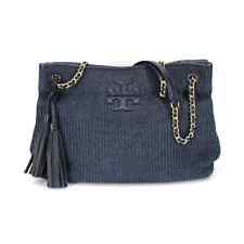 Tory Burch Thea Navy Woven Straw Leather Tassel Tote Gold Chain Shoulder Bag
